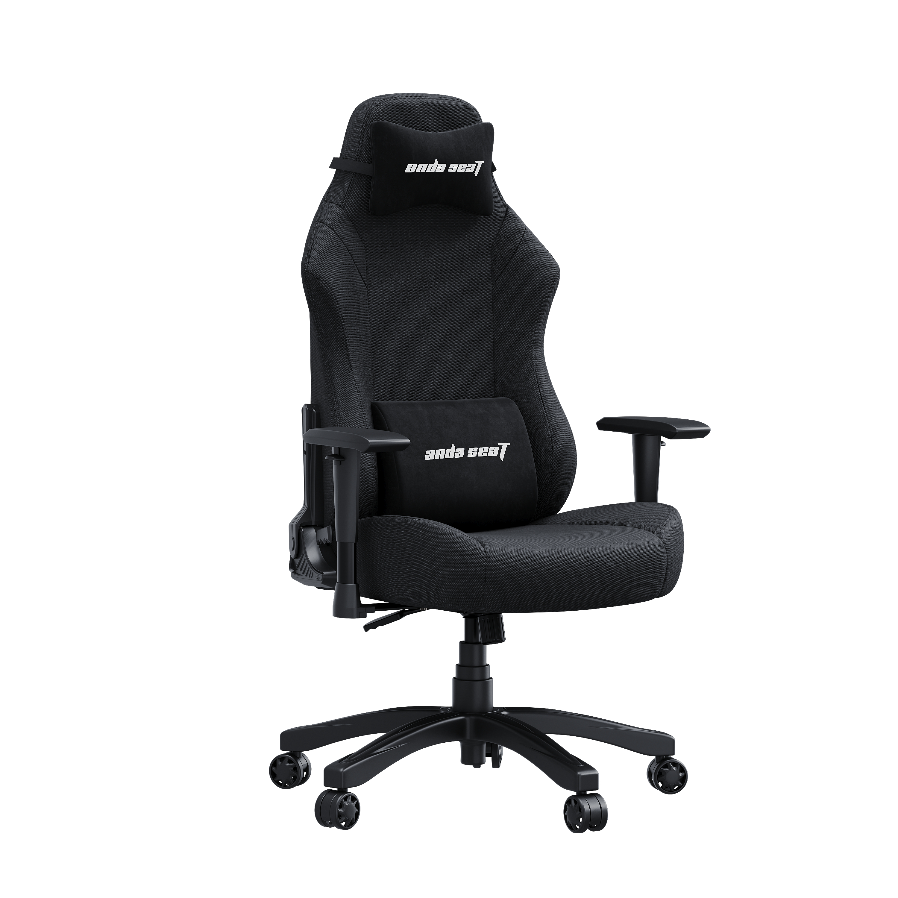 Schwarzer Anda Seat Gaming-Stuhl mit Kopf- und Lendenkissen auf fünf Rollen vor weißem Hintergrund.
