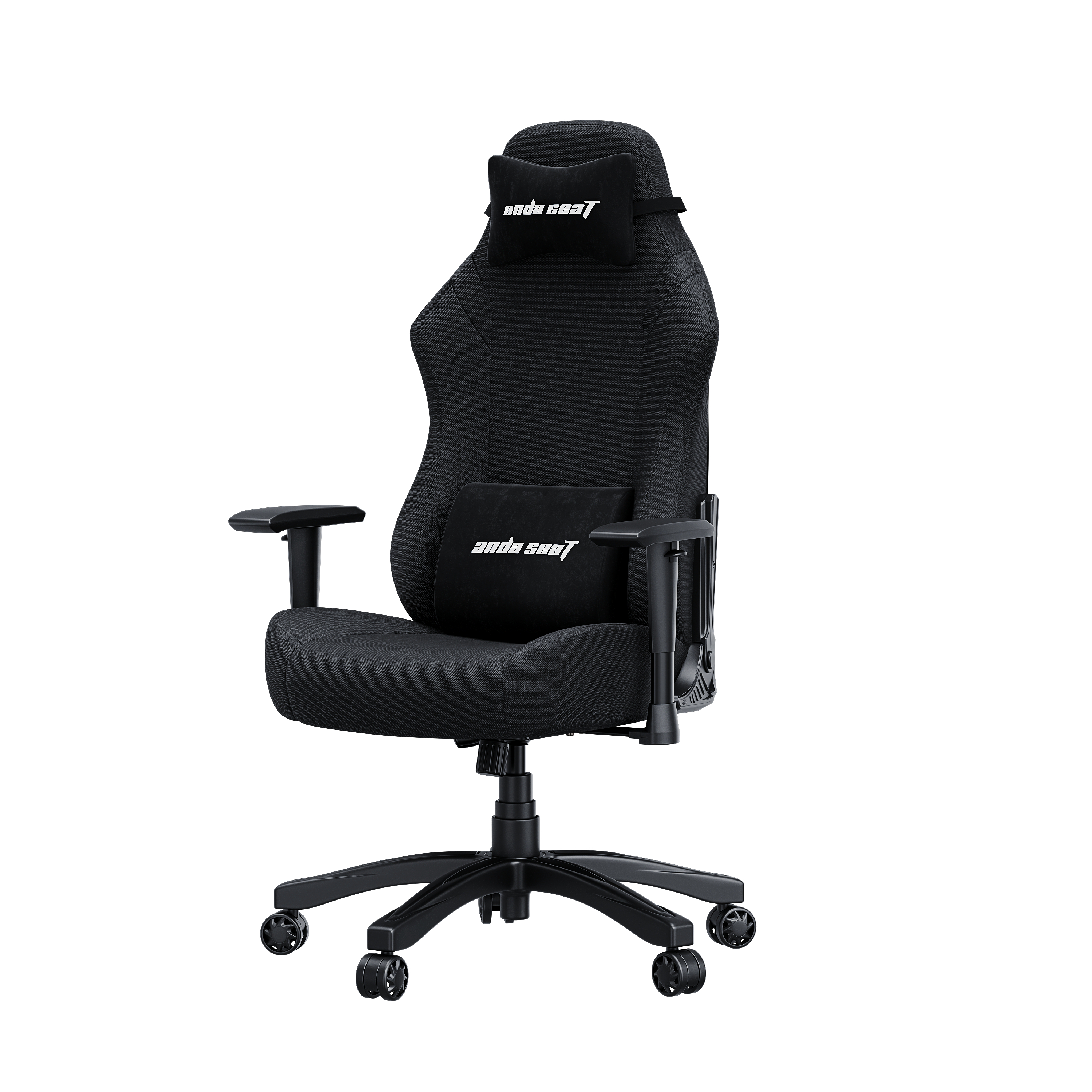 Ein schwarzer AndaSeat Gaming-Stuhl mit Kopfstütze und Lendenkissen auf einem fünfbeinigen Rollenkreuz vor weißem Hintergrund.