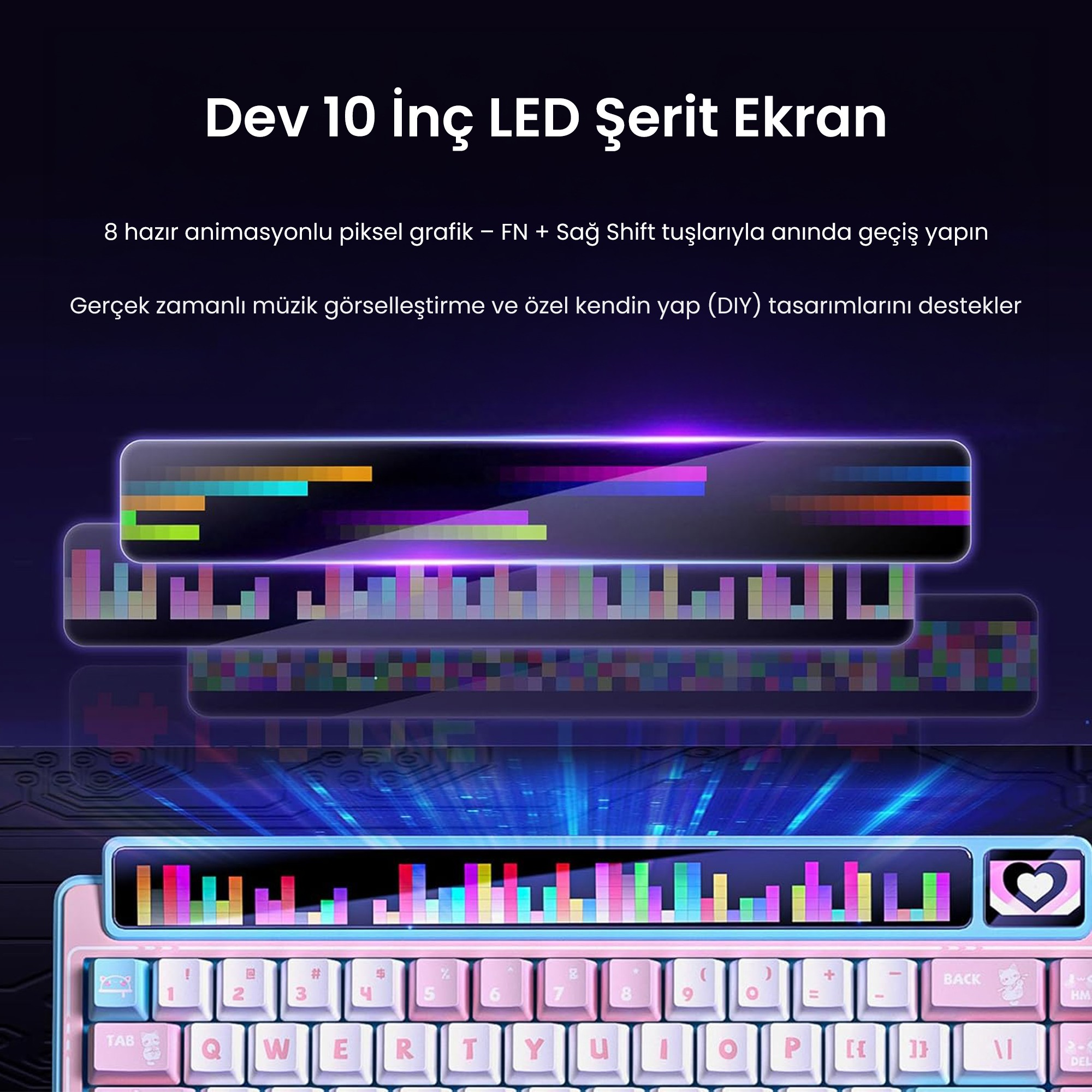 Renkli piksel grafiklerini gösteren 10 inç LED şerit ekrana sahip pembe bir klavye.