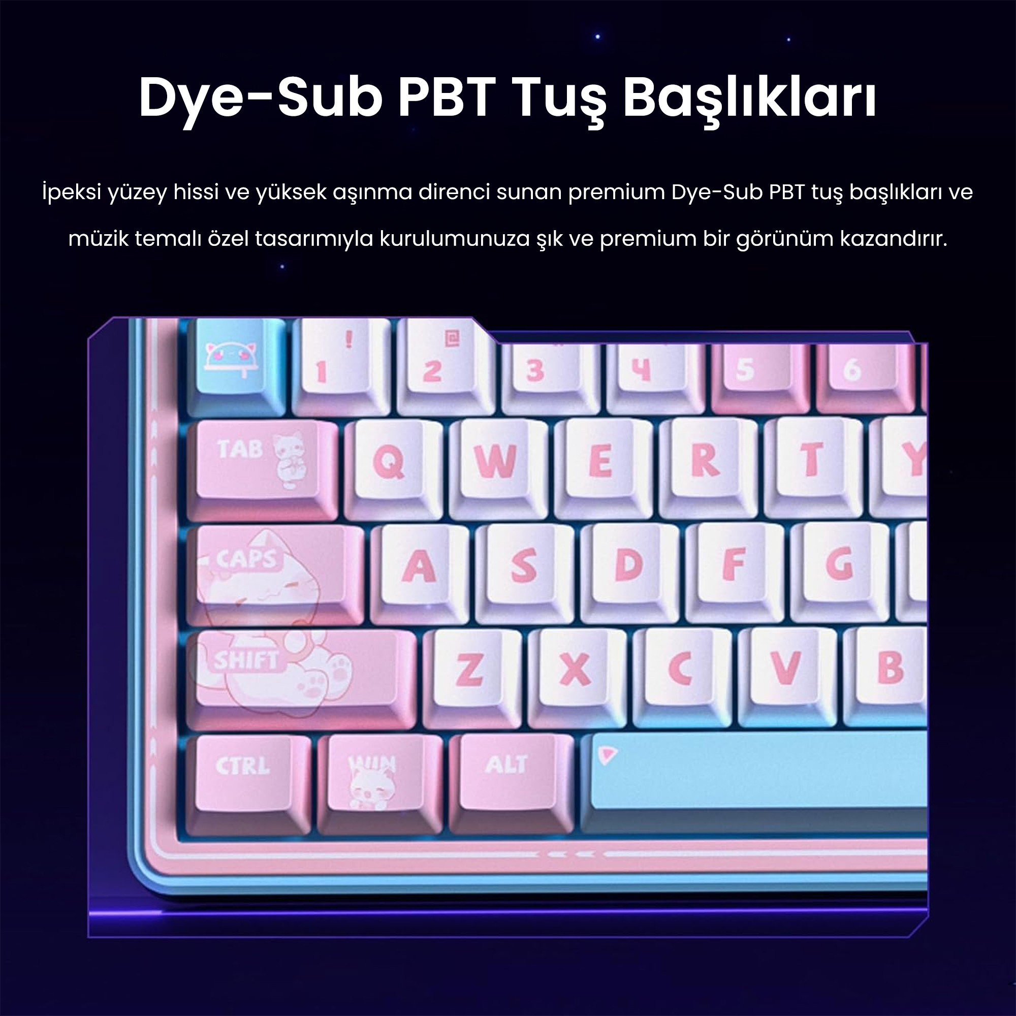 Kedi ikonlu pastel pembe ve mavi mekanik klavyenin yakın plan görüntüsü.