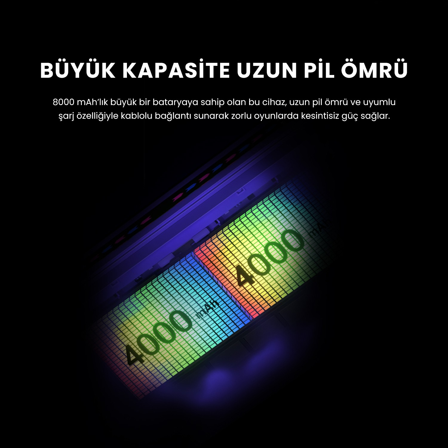 Siyah arka planda renkli ızgara desenli ve 8000 mAh yazılı pil grafiği.