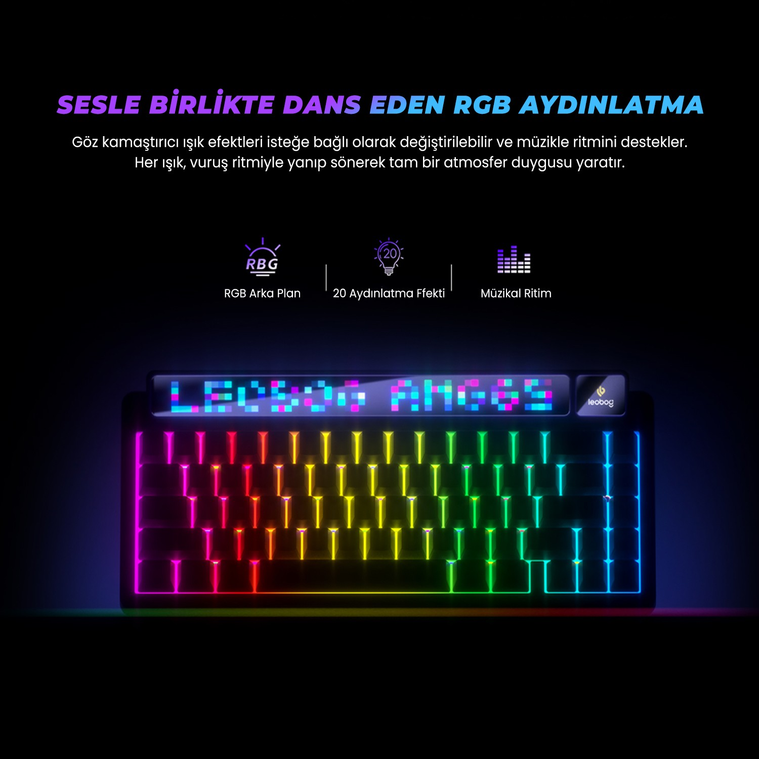 Koyu arka plan üzerinde canlı RGB aydınlatmalı ve üst ekranlı siyah bir klavye.