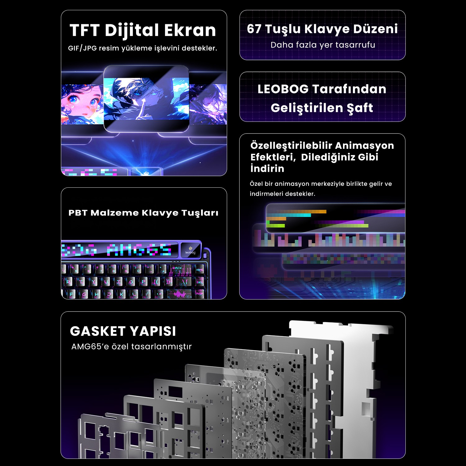Ekran, şaft, PBT tuş başlıkları ve conta yapısına sahip bir oyuncu klavyesinin teknik ürün detayları.