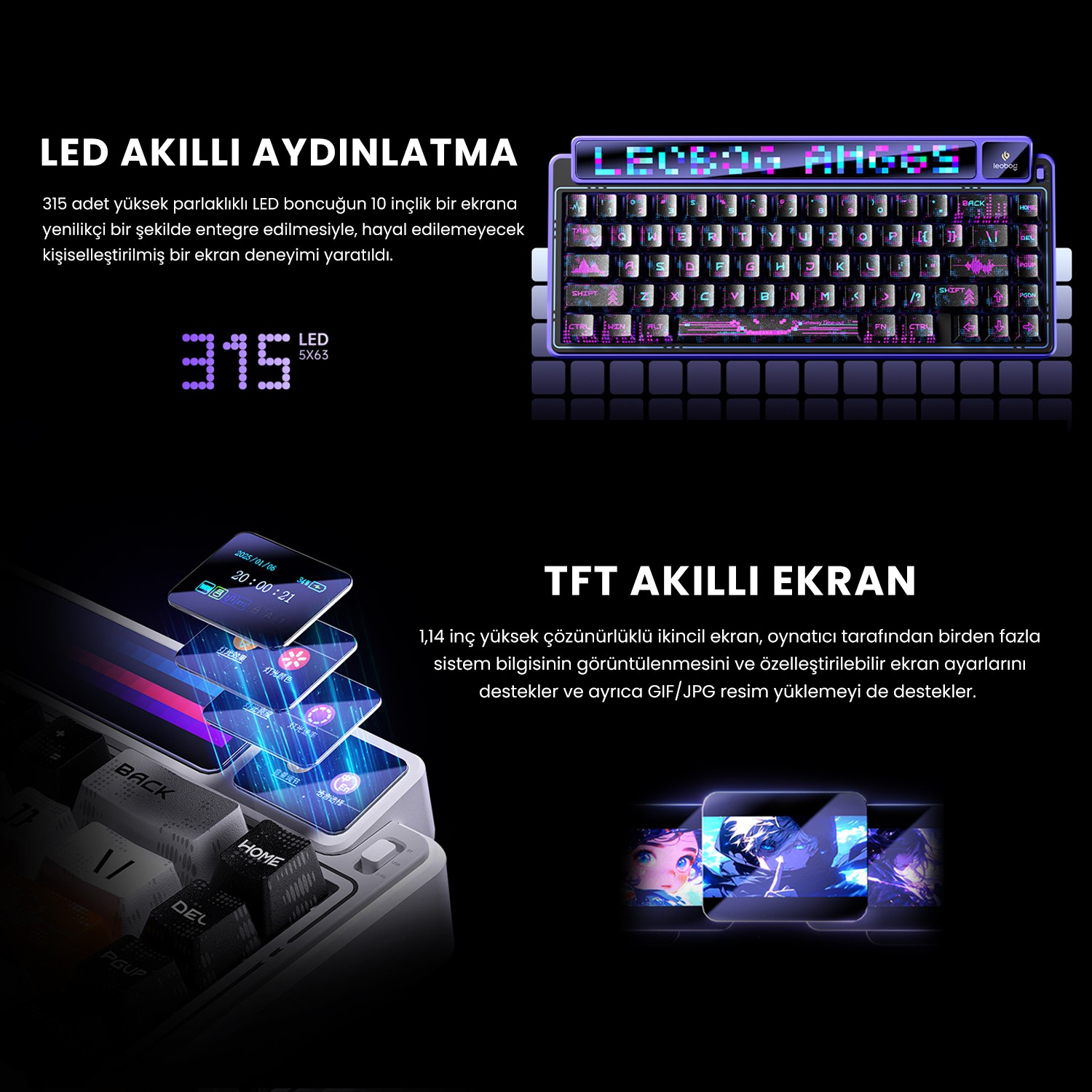 LED ekranlı, TFT akıllı ekran özellikli mekanik klavye ve açıklayıcı Türkçe metinler.