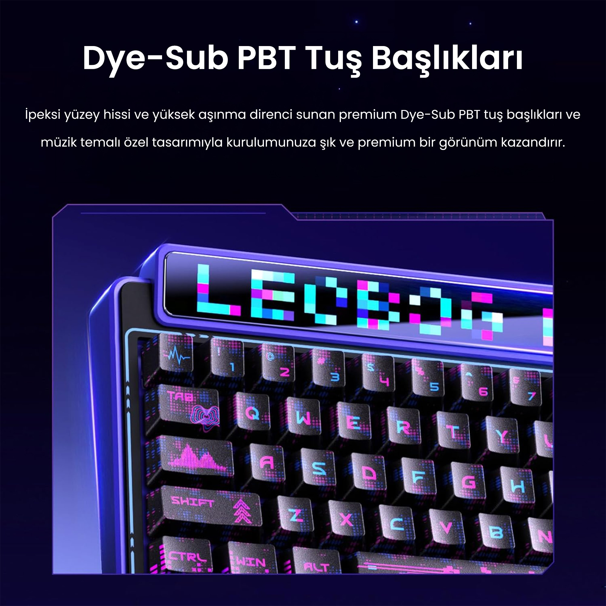 Siyah ve pembe PBT tuş başlıklarına, LED ekrana ve Türkçe tanıtım metnine sahip oyuncu klavyesinin yakın çekimi.