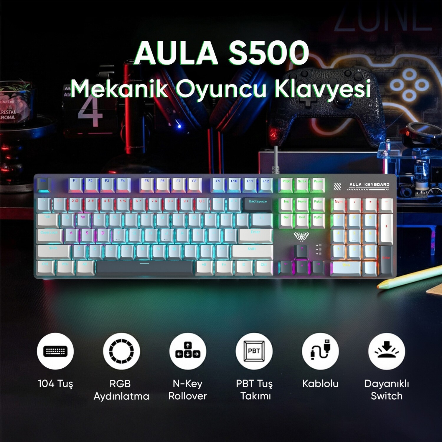 AULA S500 RGB mekanik oyuncu klavyesi, koyu arka planda metin ve simgelerle.