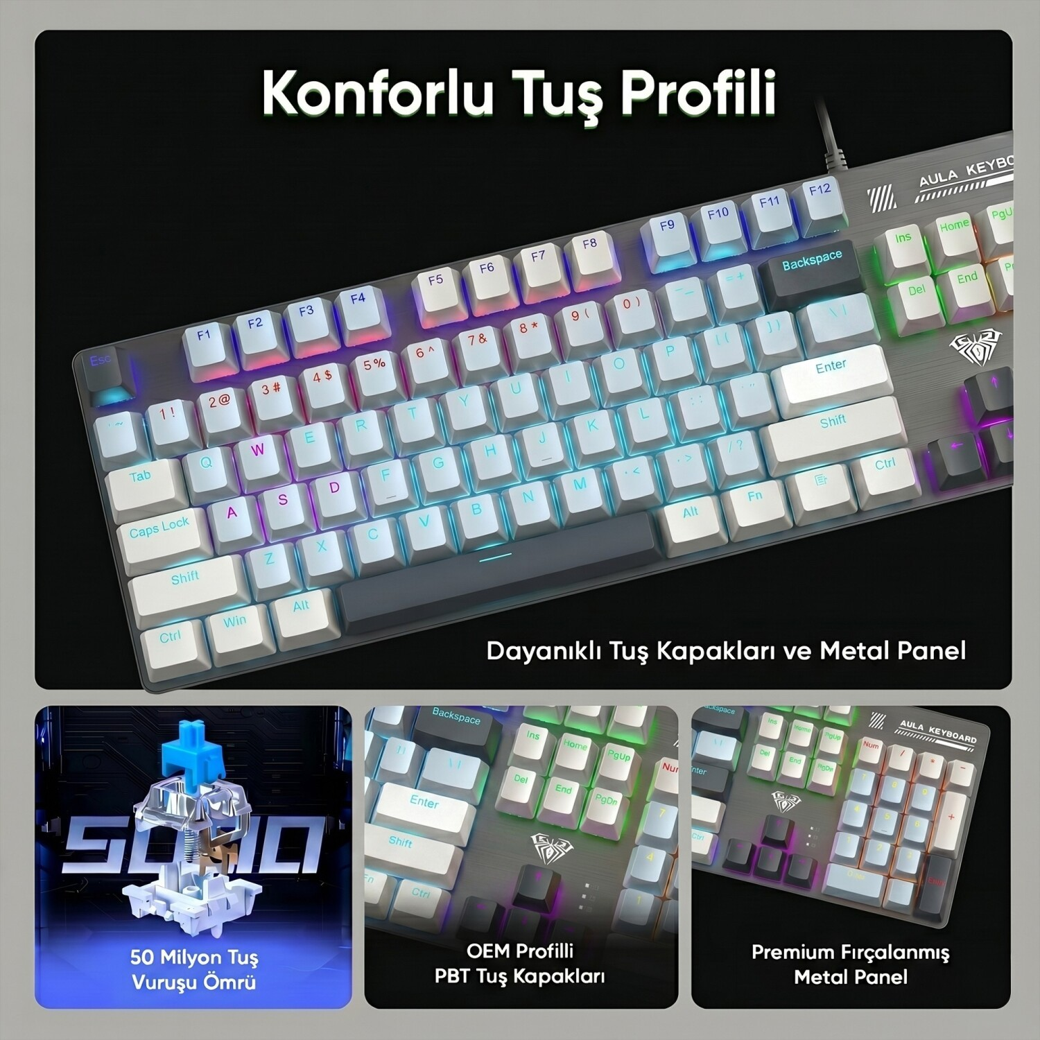 RGB arka aydınlatmalı, mavi switchli ve metal kasalı mekanik klavye.