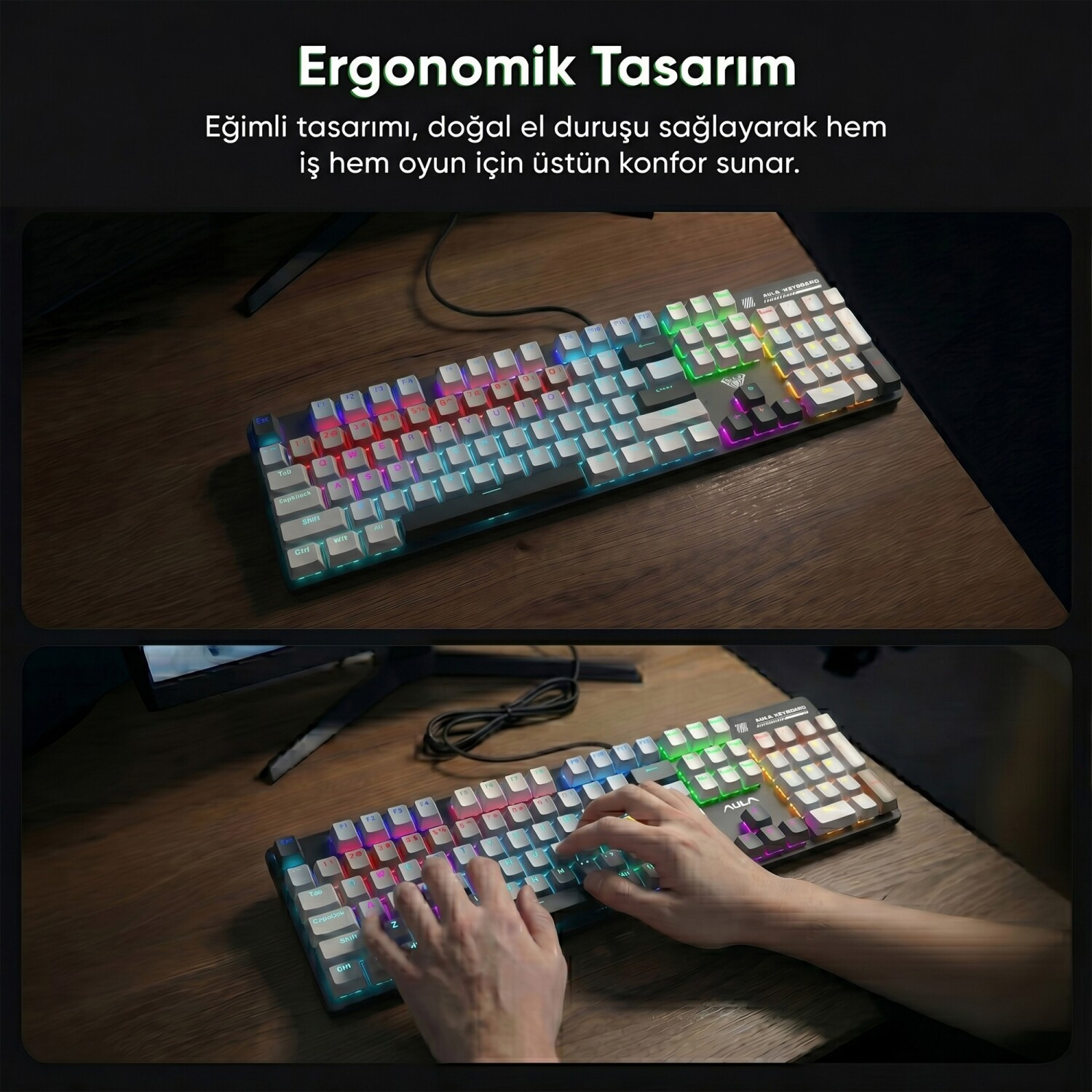 Ahşap bir masa üzerinde RGB aydınlatmalı, açılı tasarıma sahip ergonomik mekanik klavye.