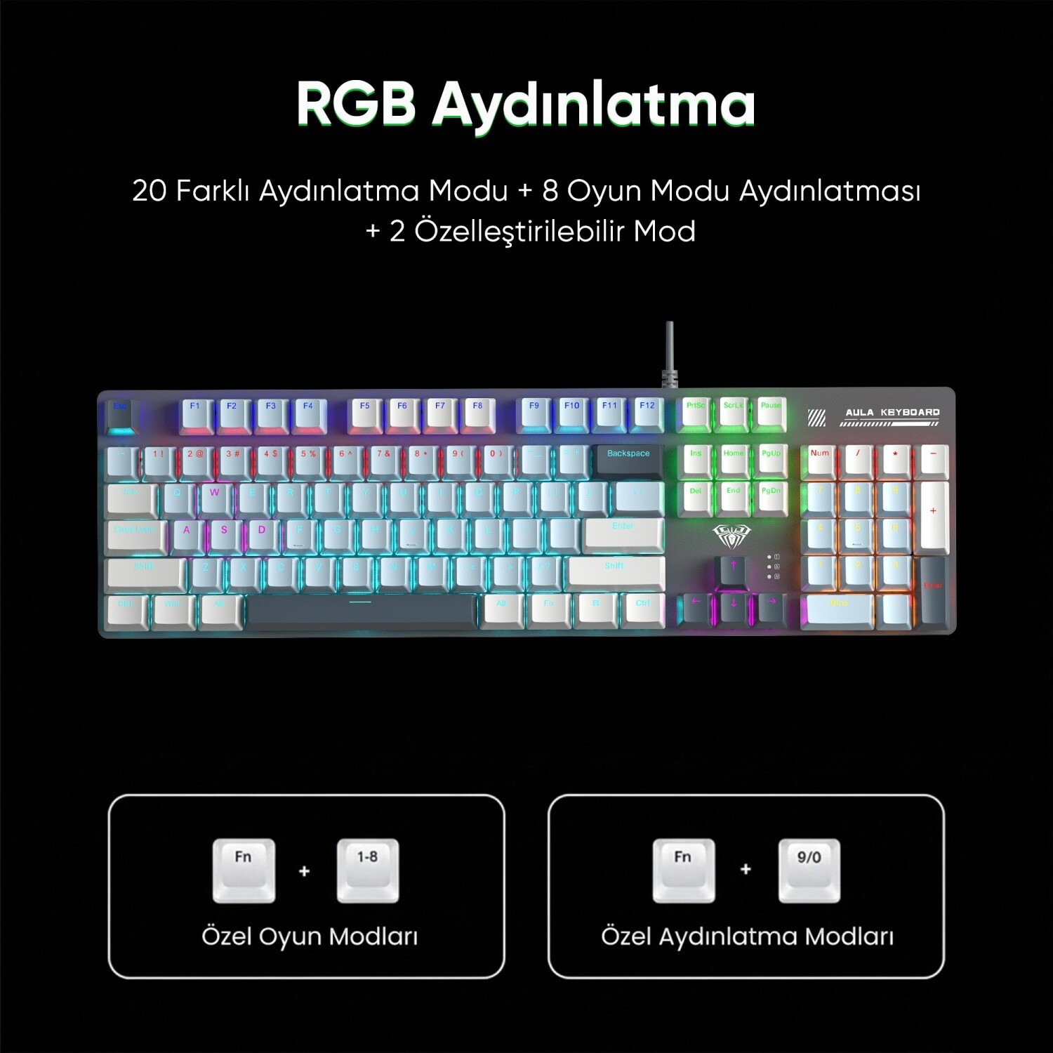 Özelleştirilebilir aydınlatma modlarına sahip RGB oyun klavyesi.