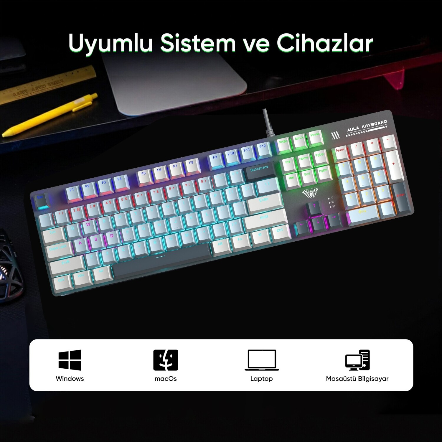 Siyah masada ışıklı Aula klavye, altta Windows, macOS, dizüstü ve masaüstü PC simgeleriyle.