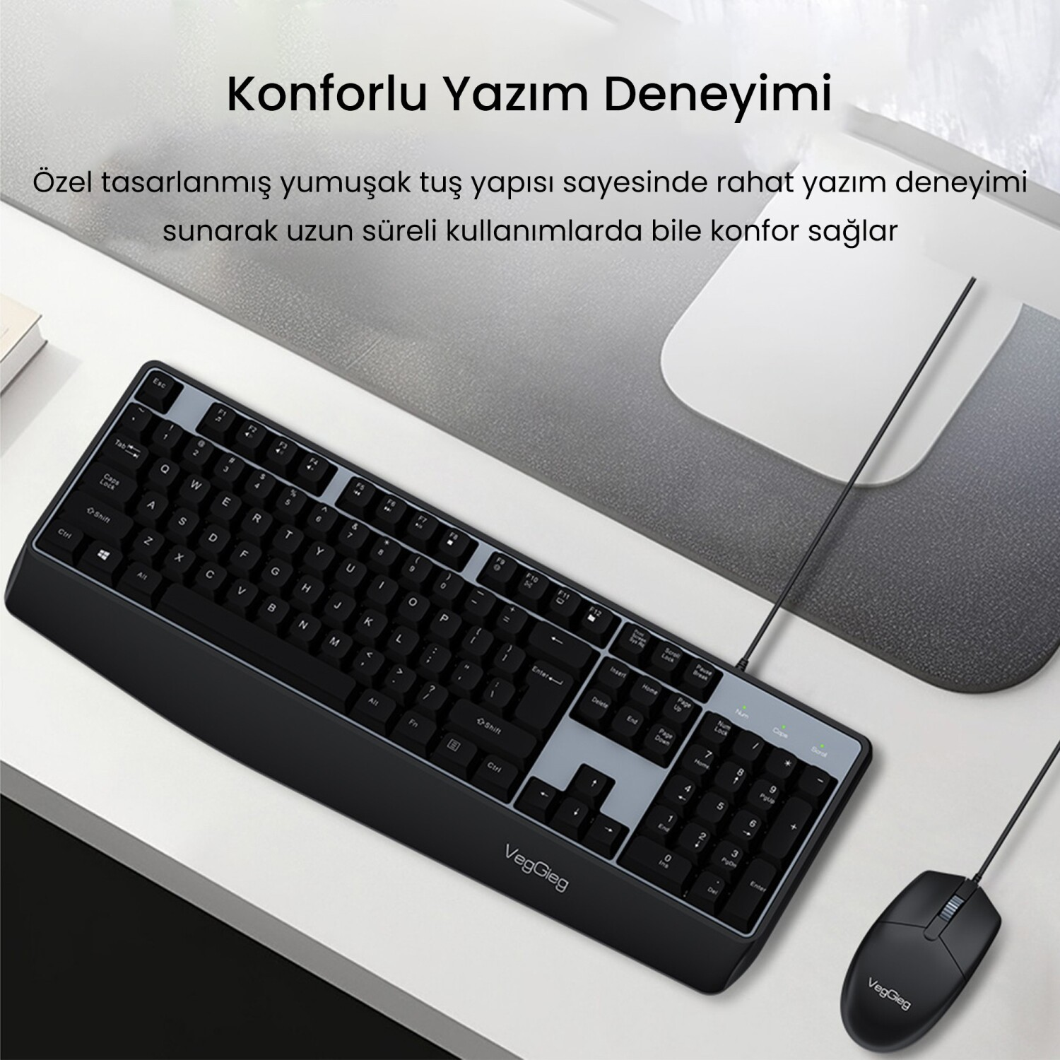Türkçe tanıtım yazısıyla masada siyah VegGieg klavye ve fare.