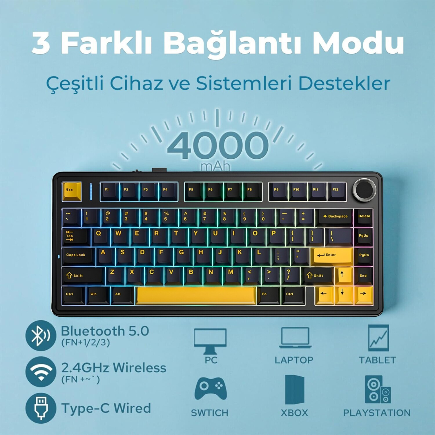 Renkli aydınlatmalı, 4000mAh pil ve çoklu bağlantı modlarına sahip siyah mekanik klavye.