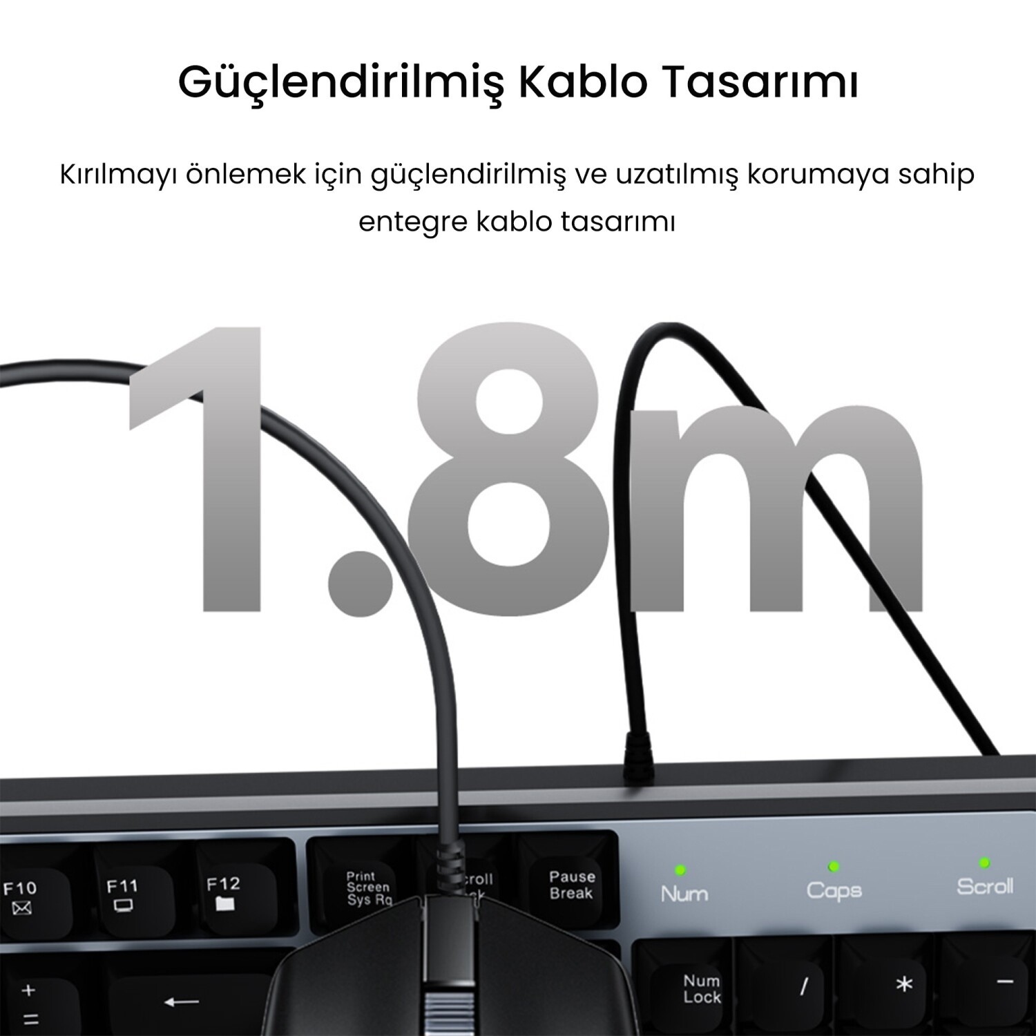 Klavye ve fareye bağlı 1,8m güçlendirilmiş kabloyu gösteren ürün reklamı.