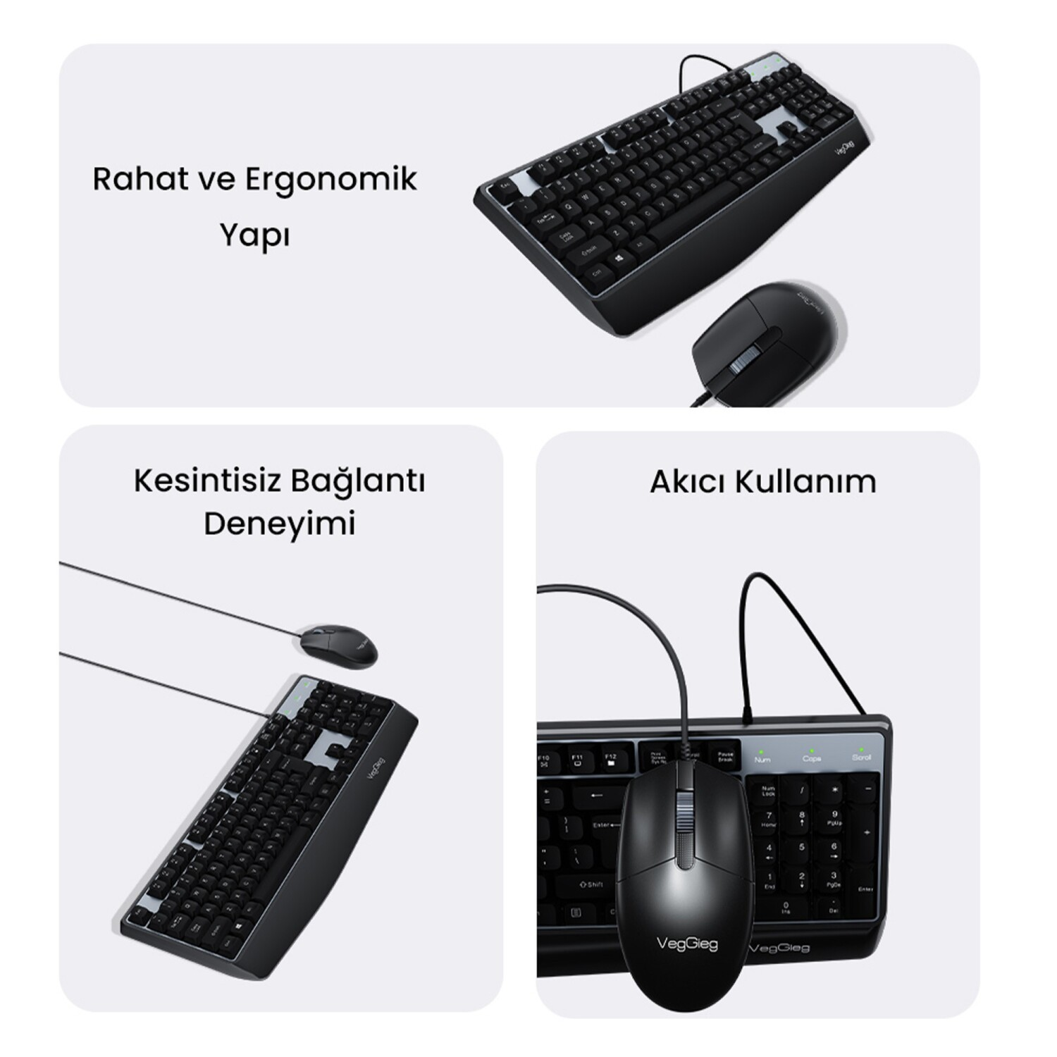 Beyaz arka planda ergonomik tasarımlı, kablolu siyah klavye ve fare seti.