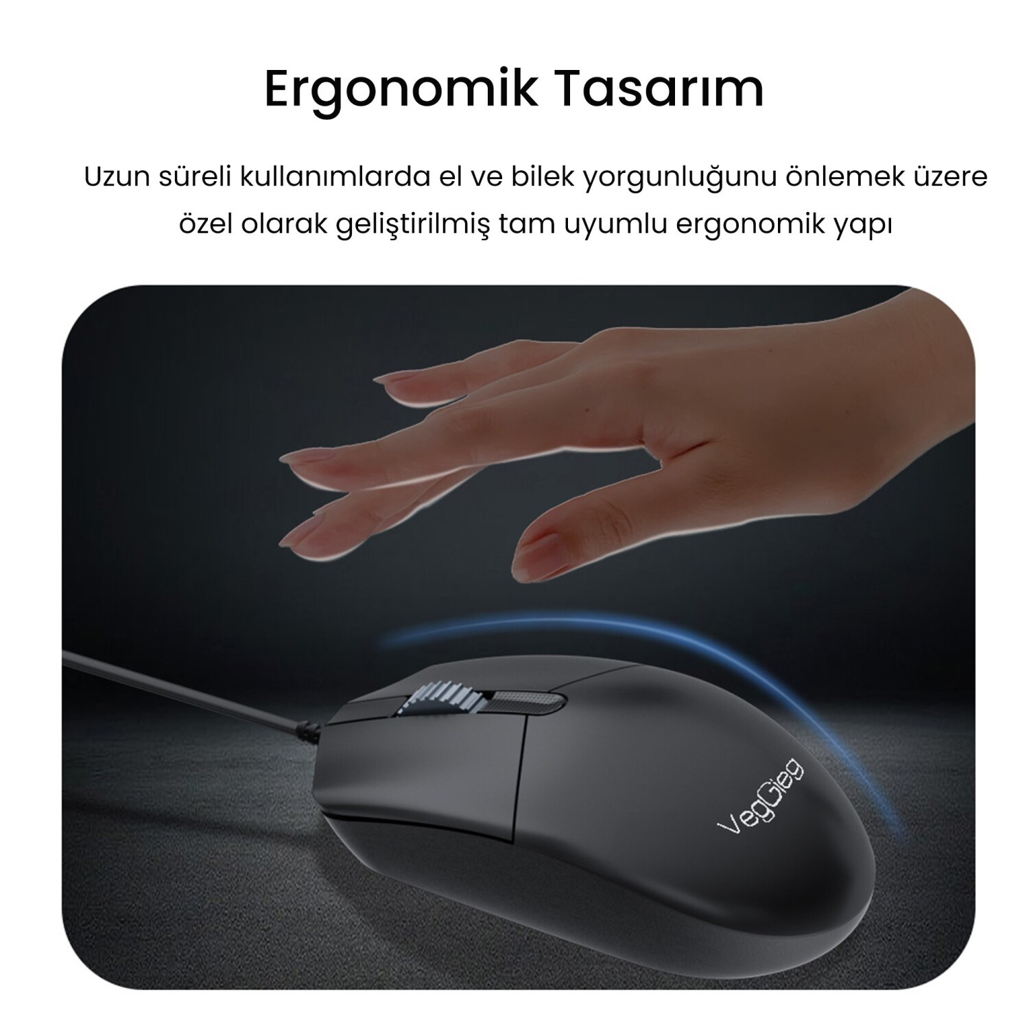 Ergonomik siyah bir bilgisayar faresinin üzerinde duran el ve üstte metin.