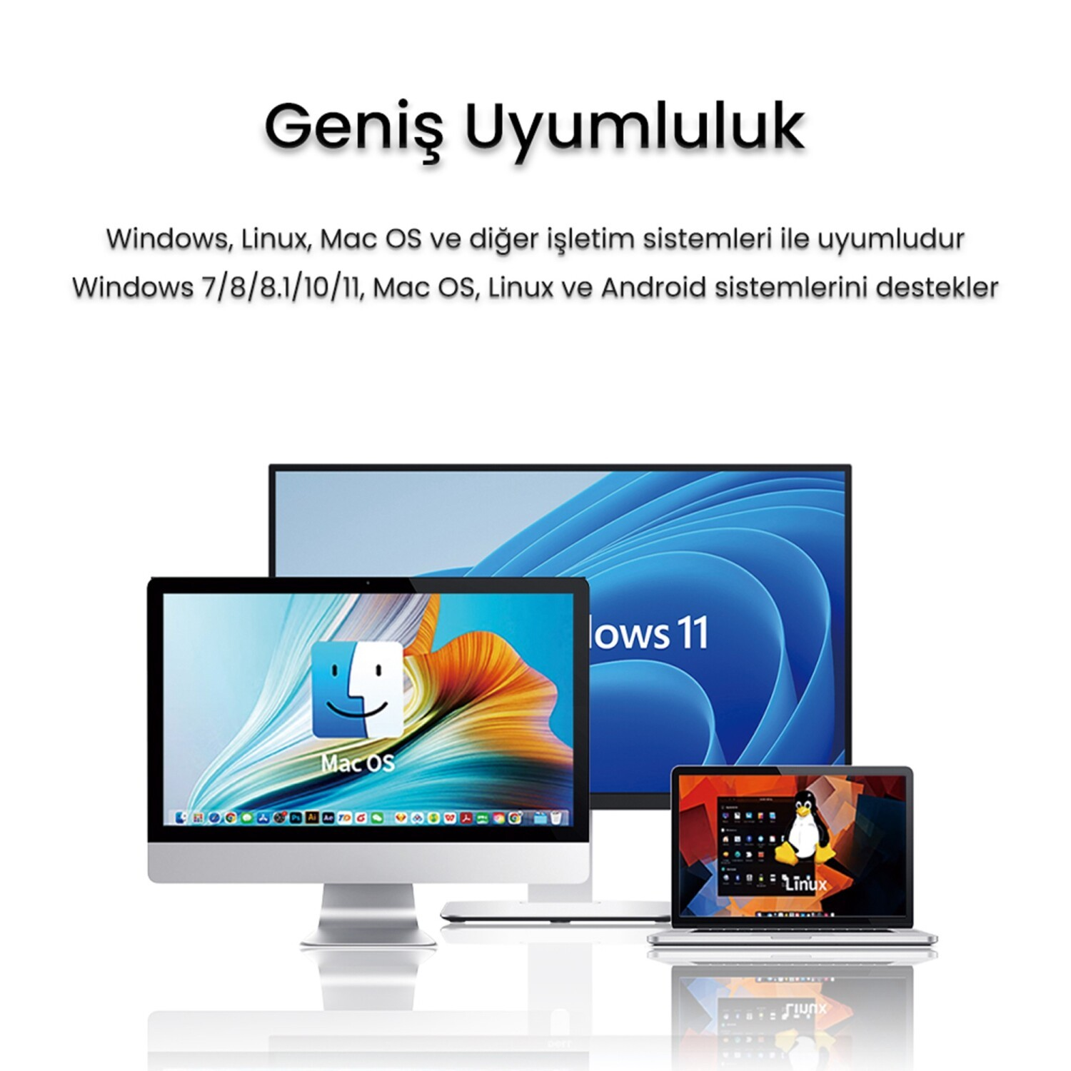 Windows 11, Mac OS ve Linux işletim sistemlerini gösteren çeşitli bilgisayar ekranları.