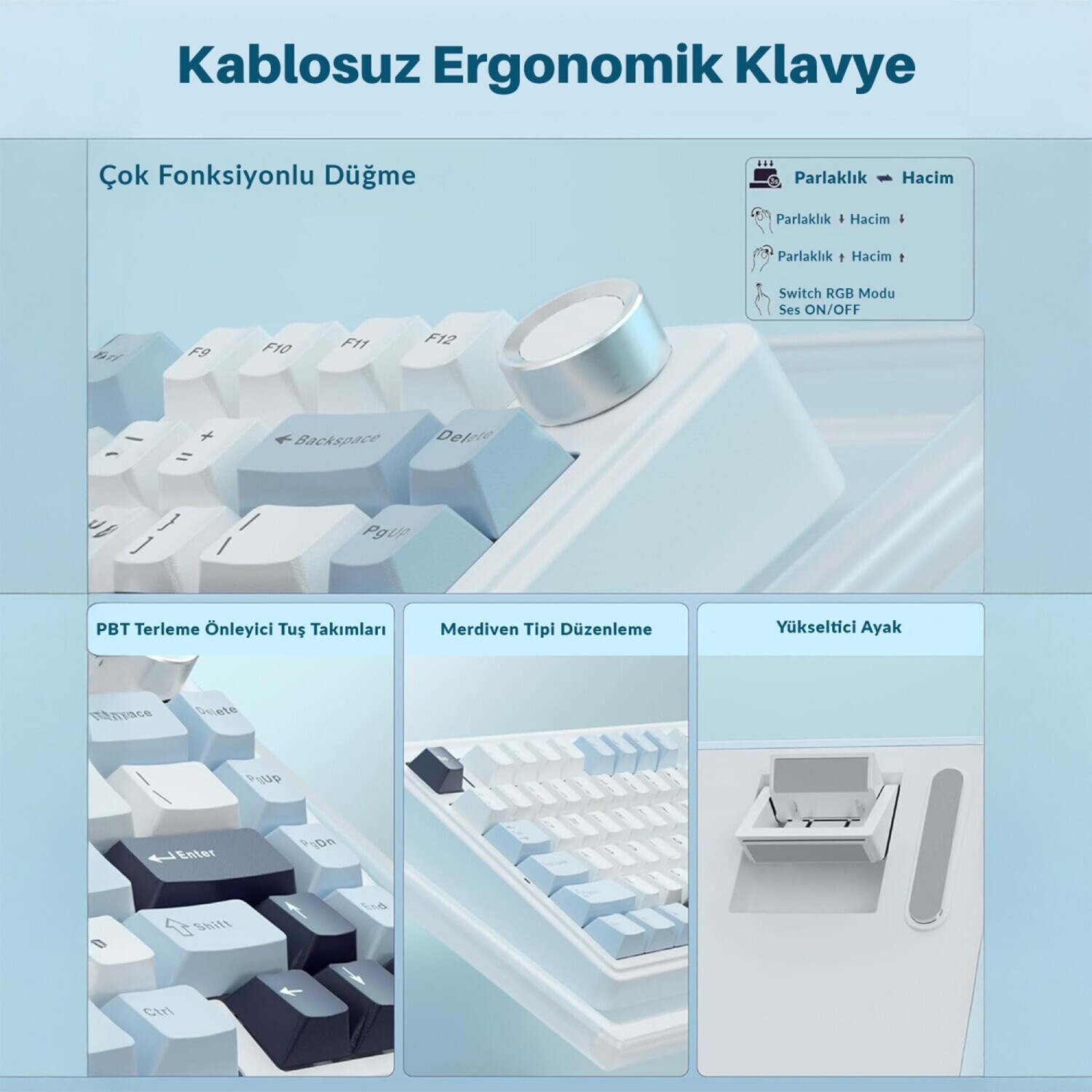 Çok fonksiyonlu düğme ve yükseltici ayağa sahip mavi ve beyaz renkli kablosuz ergonomik klavyenin yakın planı.