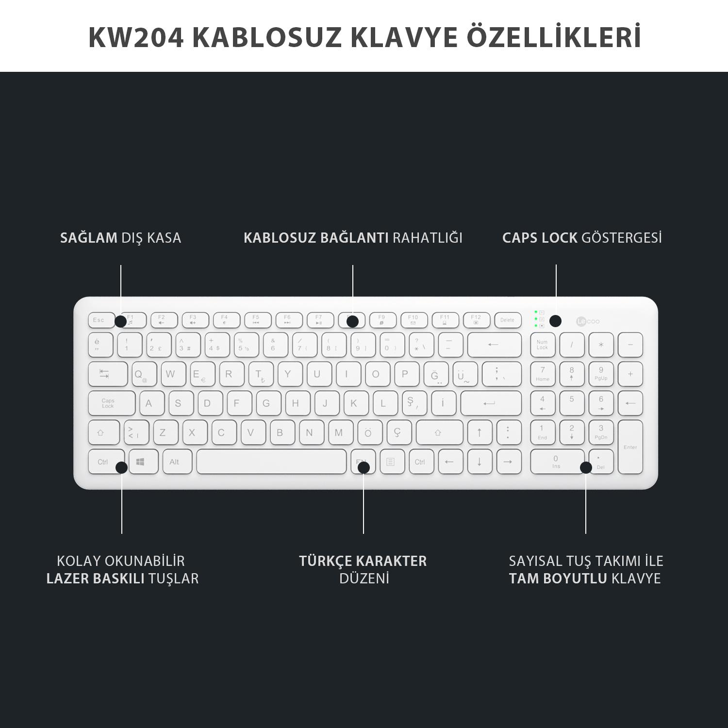 Siyah arka plan üzerinde Türkçe Q düzenine ve lazer baskılı tuşlara sahip beyaz kablosuz klavye.