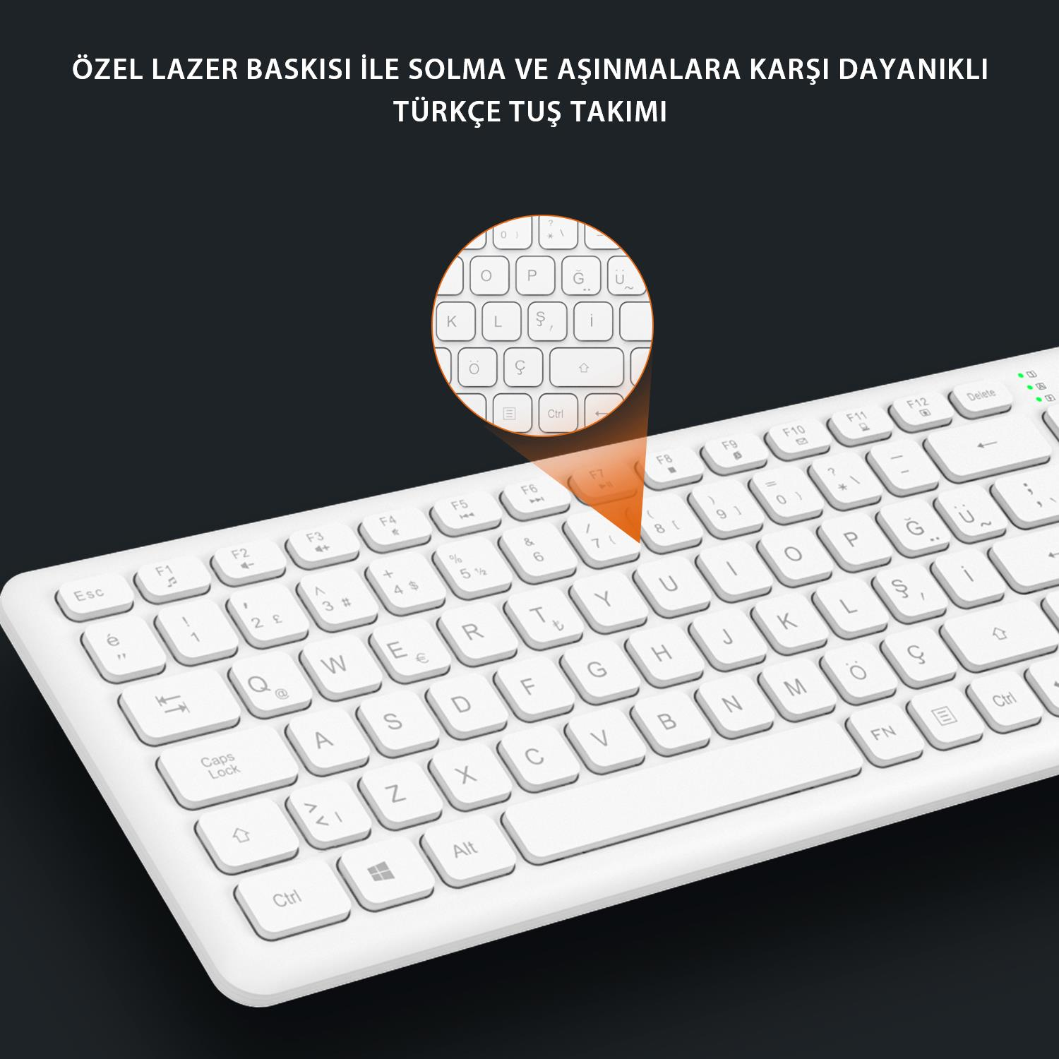 Türkçe Q düzenine ve lazer baskıya sahip beyaz klavye, sağ tuşların büyüteçle yakınlaştırılmış görüntüsüyle.