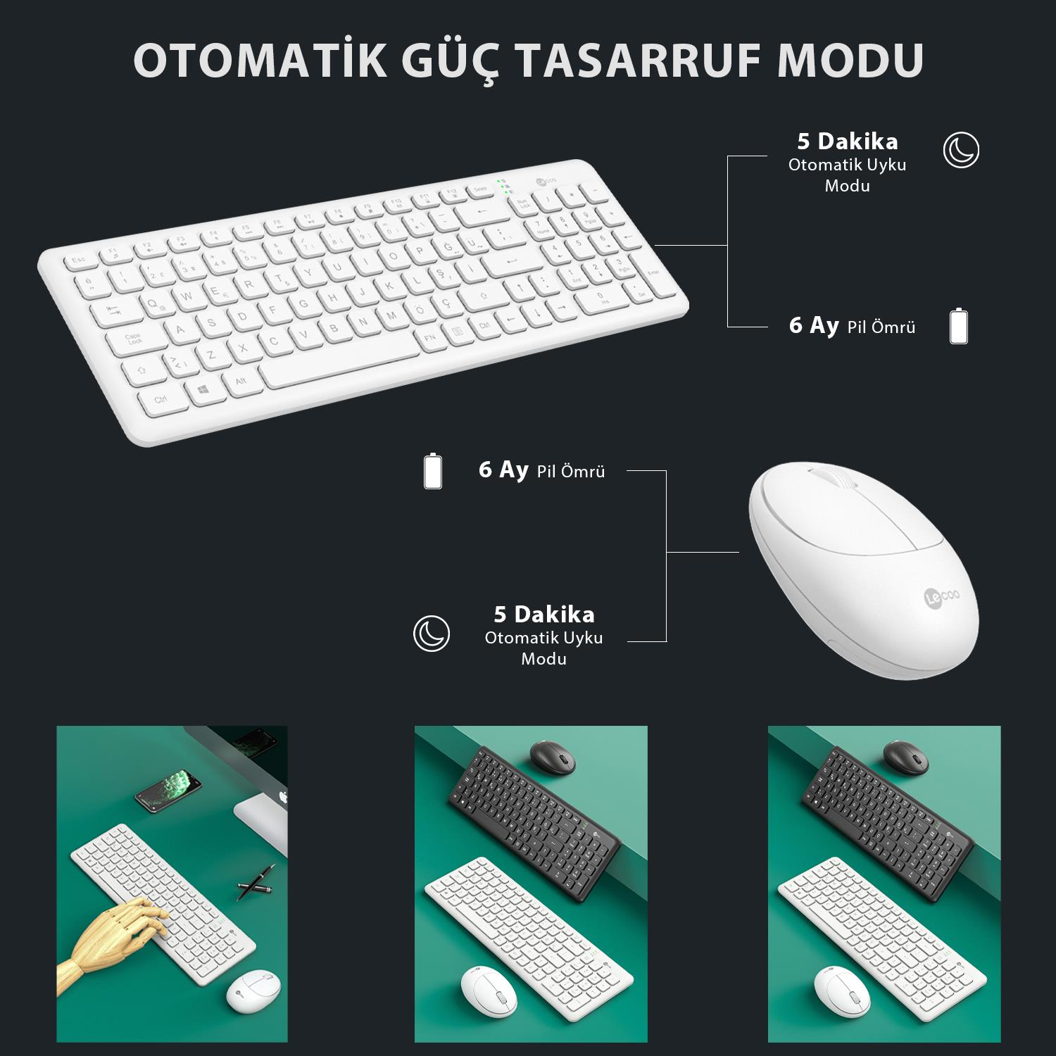 Grafik, güç tasarruf moduna ve 6 ay pil ömrüne sahip beyaz klavye ve fareyi gösterir.