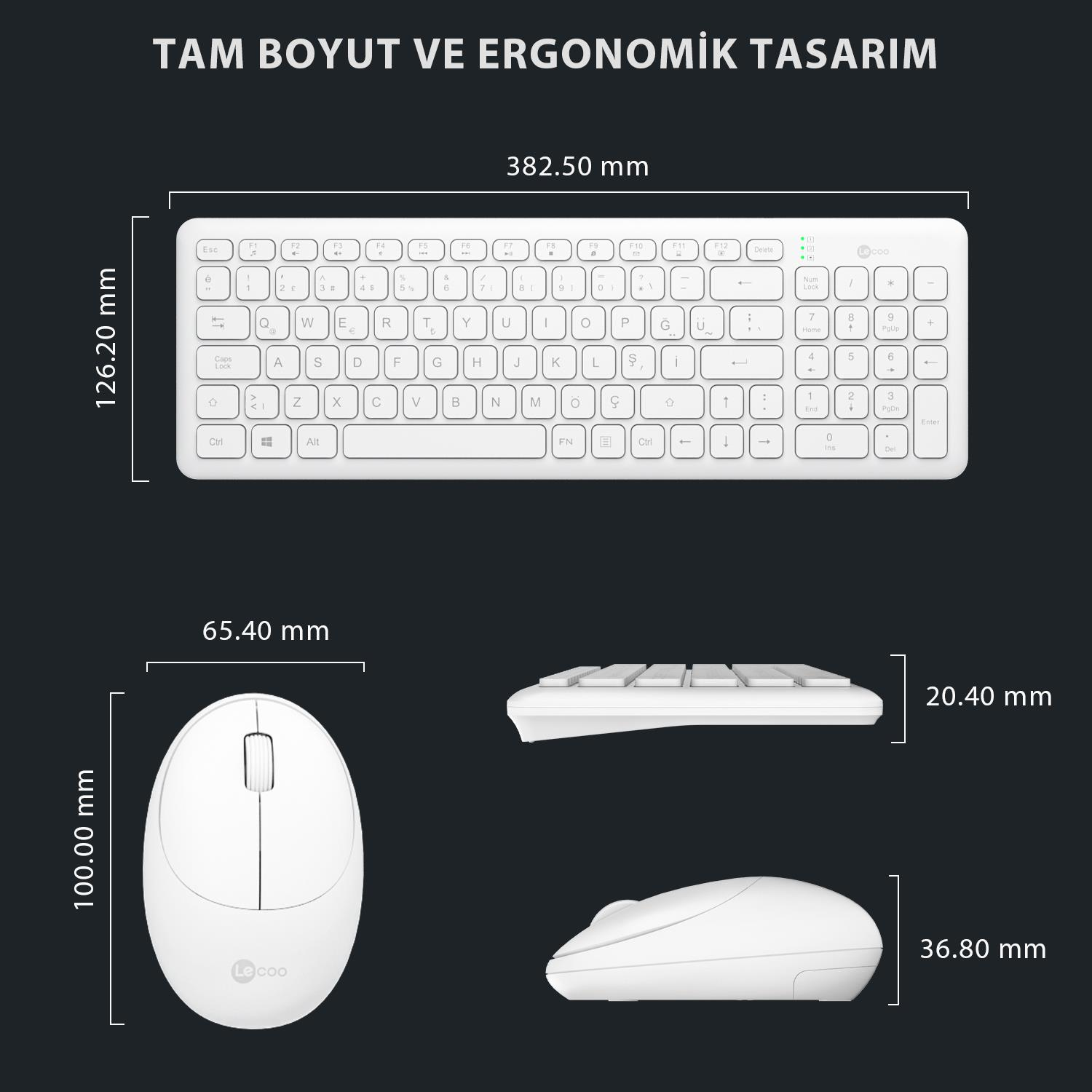 Siyah arka plan üzerinde ölçüleri gösterilen beyaz klavye ve fare.