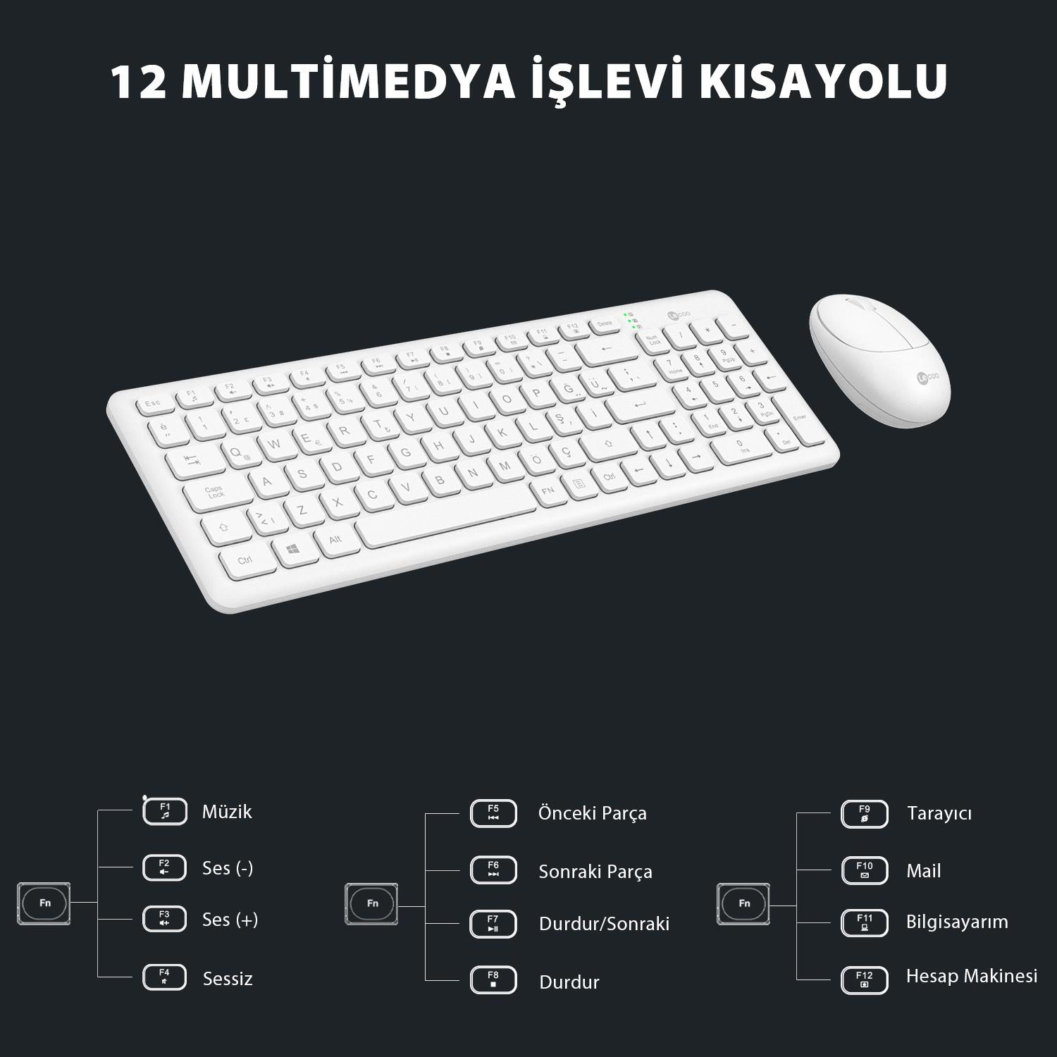 Koyu zemin üzerinde F tuşu multimedya kısayollarına sahip beyaz klavye ve fare.