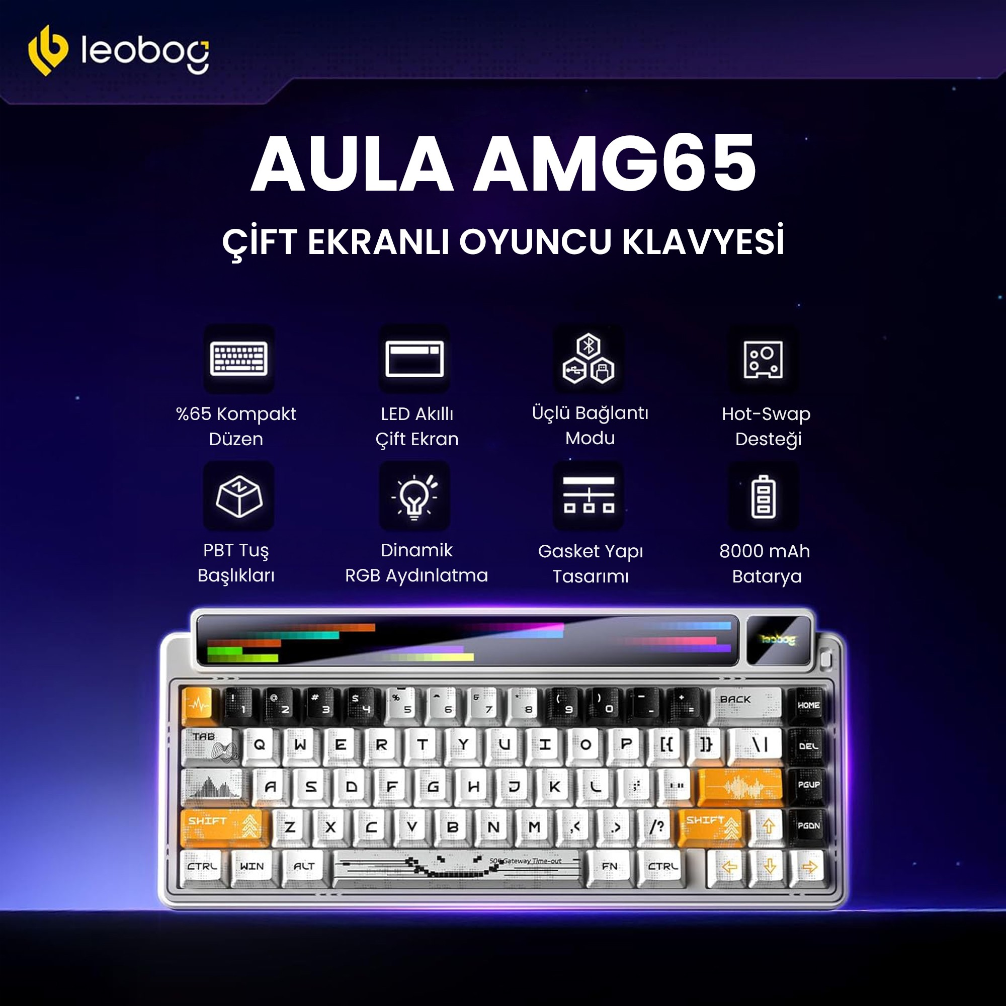 Koyu arkaplanda çift ekranlı ve özellik simgeli AULA AMG65 oyuncu klavyesi.