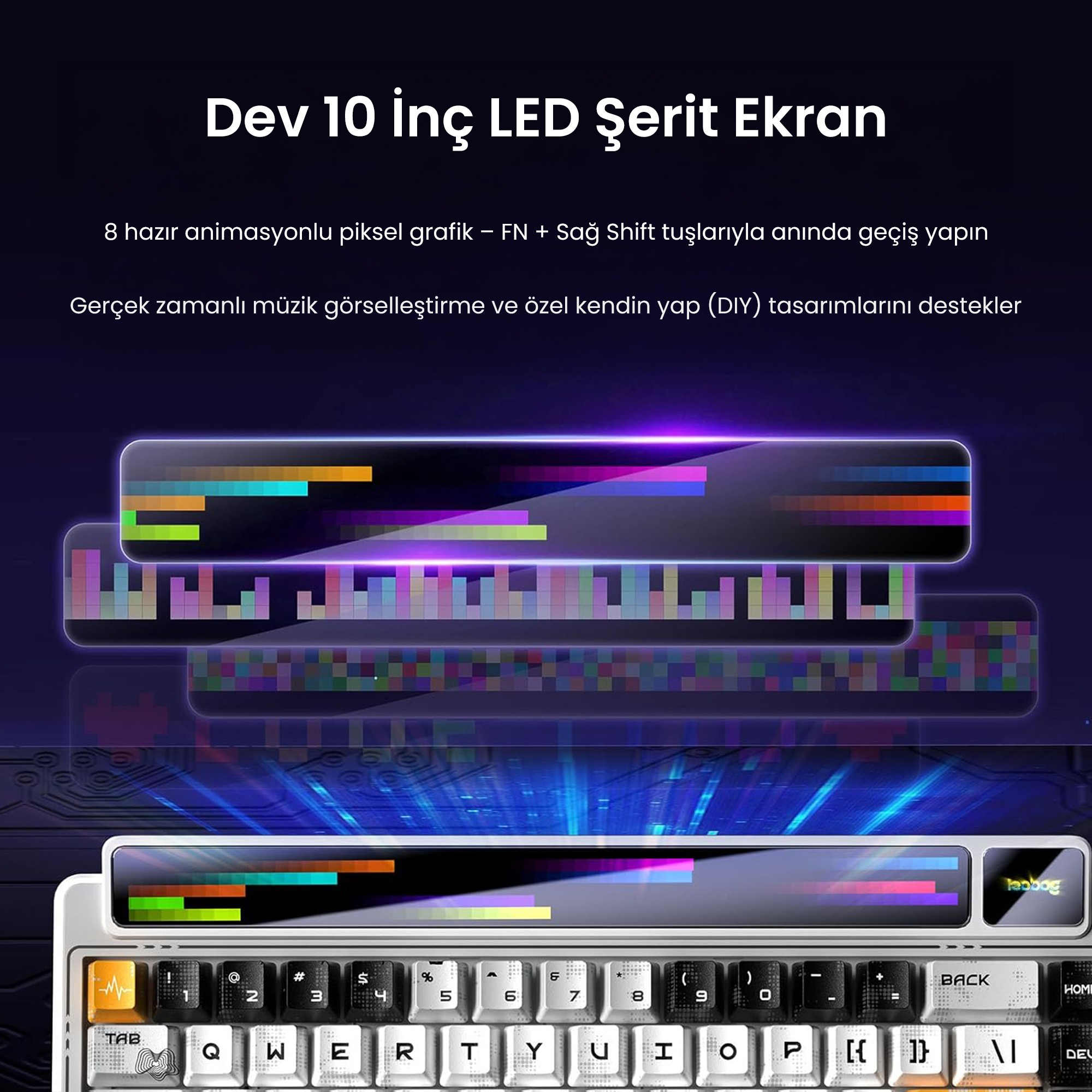Renkli piksel animasyonları ve yazı içeren 10 inç LED şerit ekranlı bir klavye.