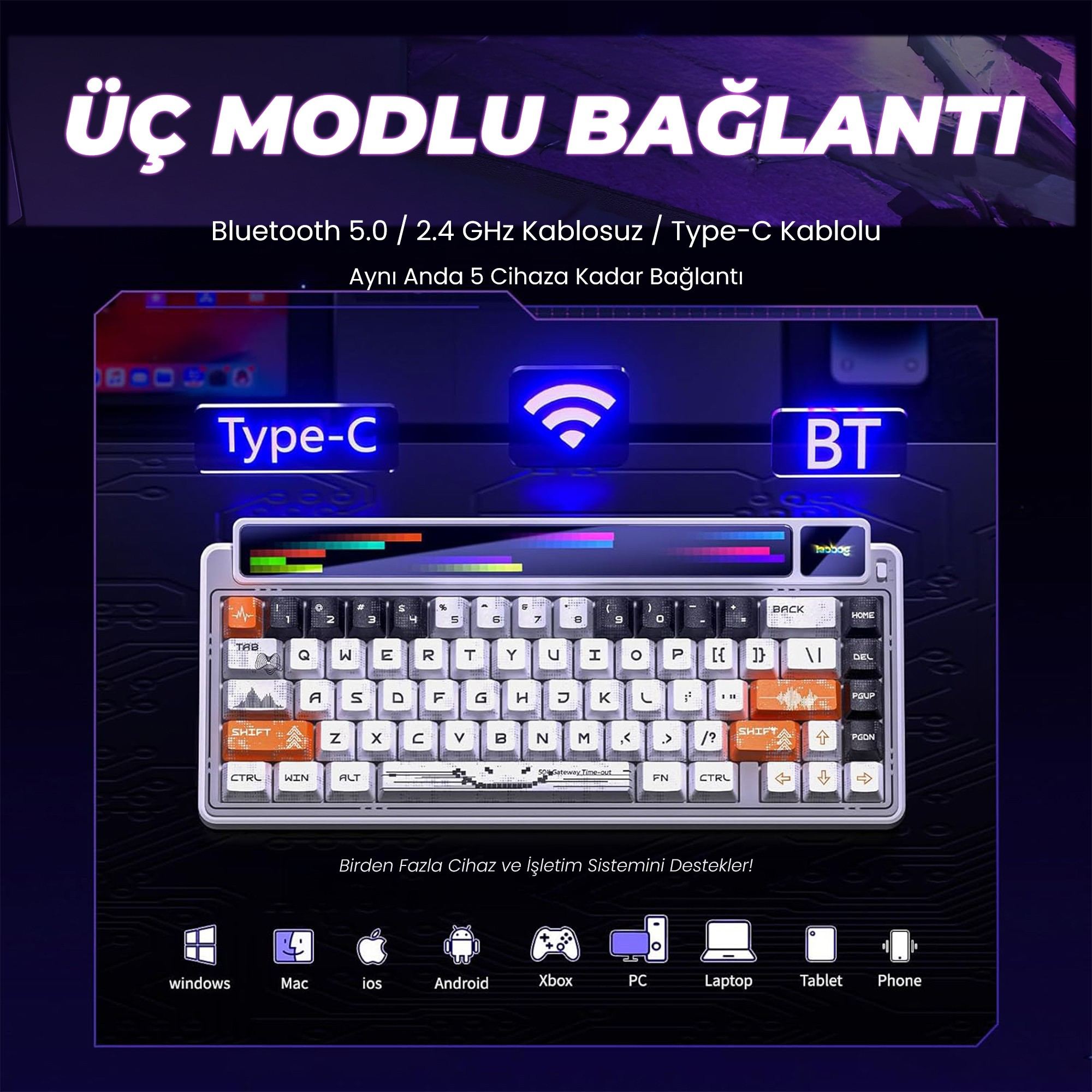Üç bağlantı moduna ve çeşitli işletim sistemleriyle uyumluluğa sahip bir klavyenin teknik gösterimi.