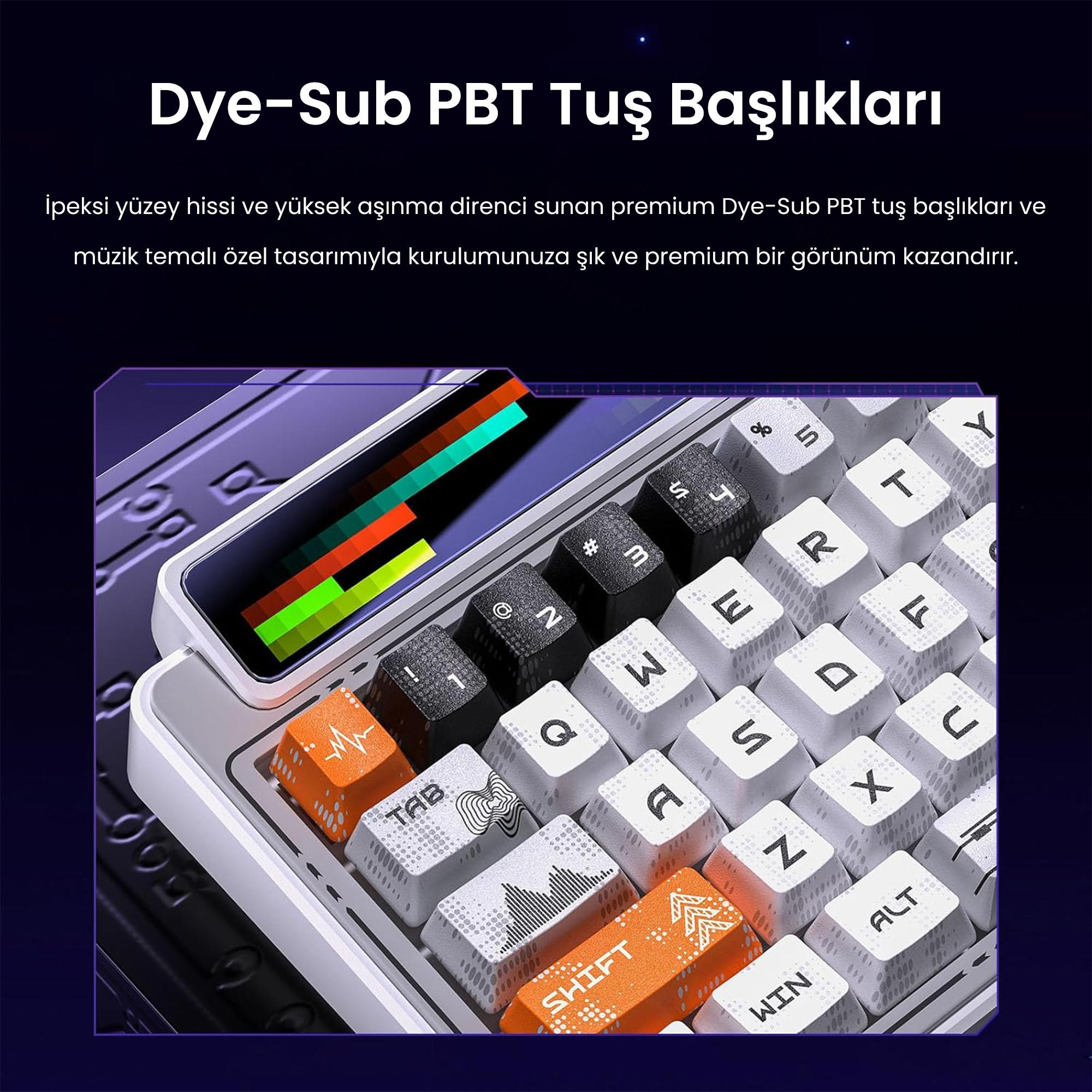 Müzik temalı özel tasarımlı, beyaz, siyah ve turuncu PBT tuş başlıklı klavyenin yakın planı.