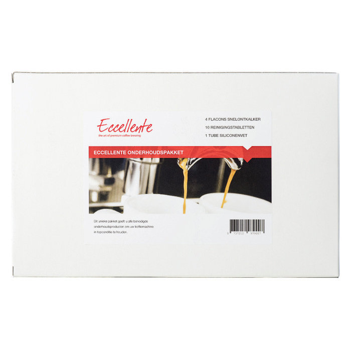 White Eccellente maintenance kit box for coffee machines with product label and coffee pouring photo.