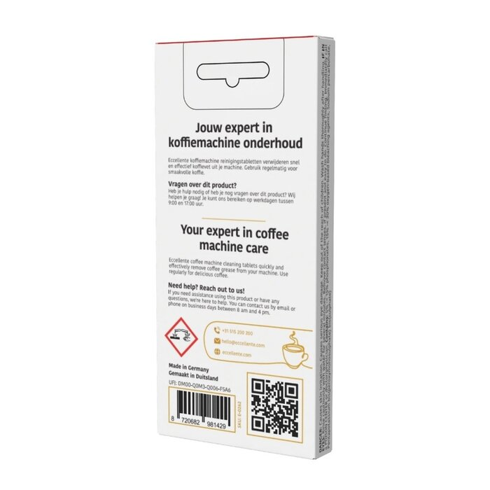 Achterkant van een wit-oranje verpakking Eccellente koffiemachine reinigingstabletten met tekst en QR-code.