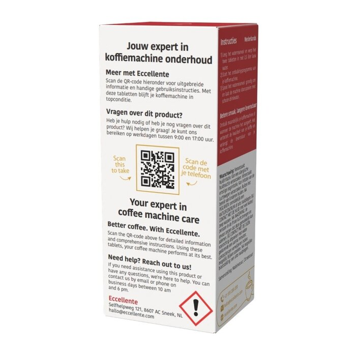 Product packaging with instructions, QR code, and contact info for coffee machine cleaning tablets.