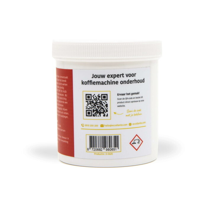 White plastic jar with a label, QR code, barcode, and text about coffee machine maintenance.