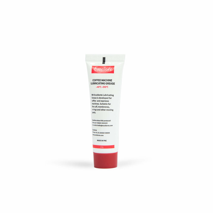 A white tube of Eccellente lubricating grease with a red cap on a white background.