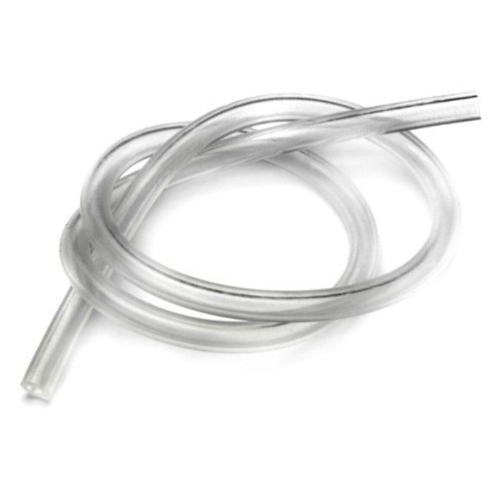 A clear plastic tube lies in a loop on a white background.
