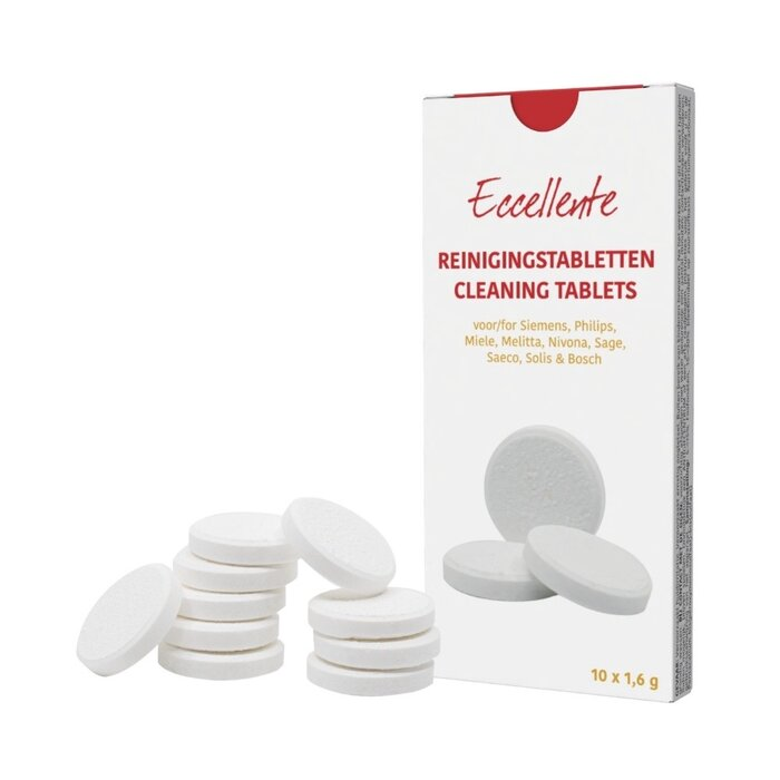 A white box of Eccellente cleaning tablets with several round white tablets piled in front.