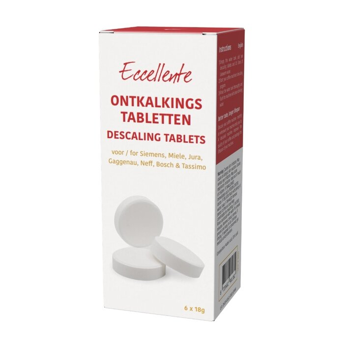 A white box of Eccellente descaling tablets featuring three round white tablets in front against a white background.
