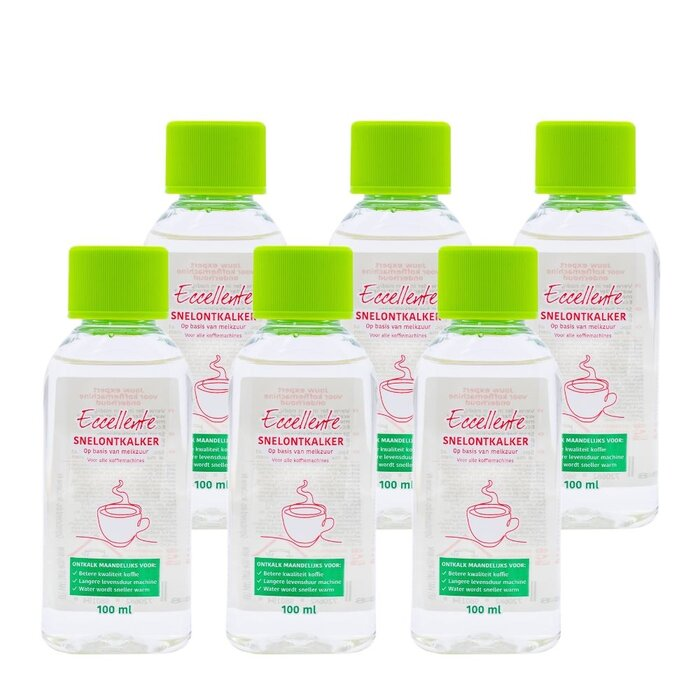 Six bottles of Eccellente descaler with green caps.