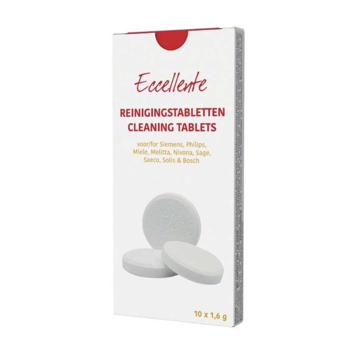 Witte doos met Eccellente reinigingstabletten en drie ronde tabletten aan de voorkant.