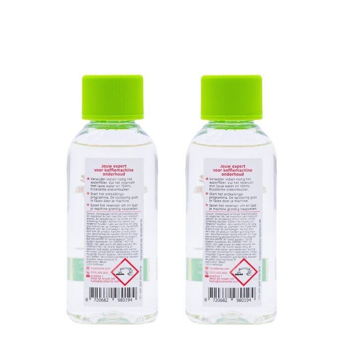 Two small transparent bottles with green caps and text labels stand side by side on a white background.