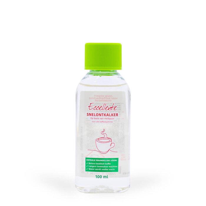 Een kleine doorzichtige plastic fles Eccellente ontkalker met heldergroene dop en kopje op het etiket.