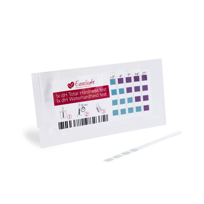A water hardness test kit with a white packet showing instructions, color chart, and a test strip on a white background.