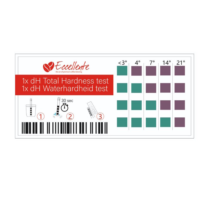 Water hardness test kit packaging with instructions and color chart for dH levels.