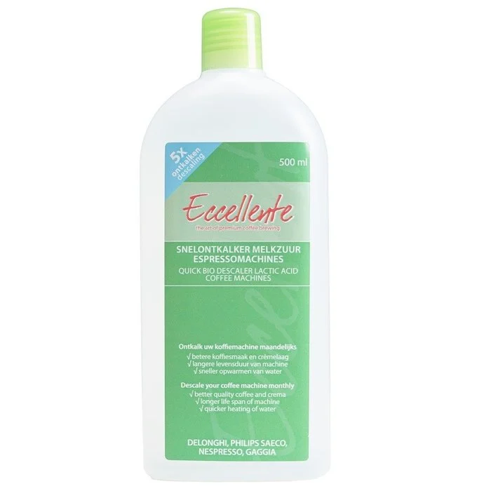 A white bottle of Eccellente bio descaler with a green label and cap for coffee machines.
