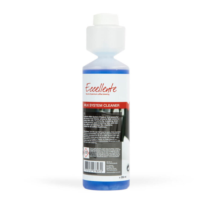 A plastic bottle of blue milk system cleaner against a white background.