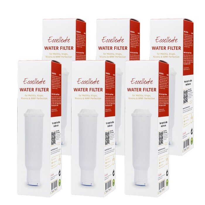 Six white and red boxes of Eccellente water filters displayed against a white background.