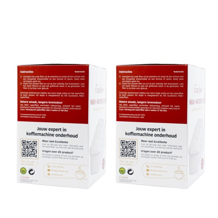 Two identical white and red coffee machine accessory boxes featuring text and a QR code.