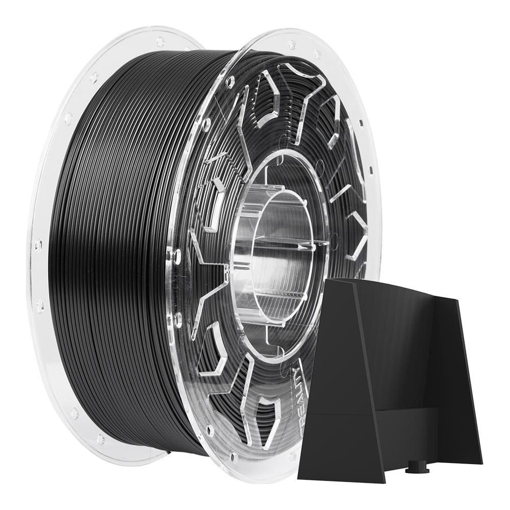 Una bobina di filamento nero per stampante 3D e un supporto nero su sfondo bianco.