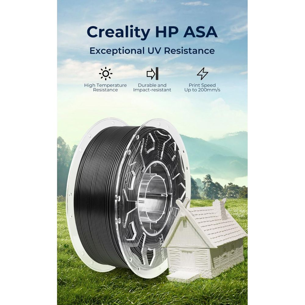Bobina di filamento nero Creality HP ASA per stampante 3D, con resistenza ai raggi UV e modello stampato su un prato.